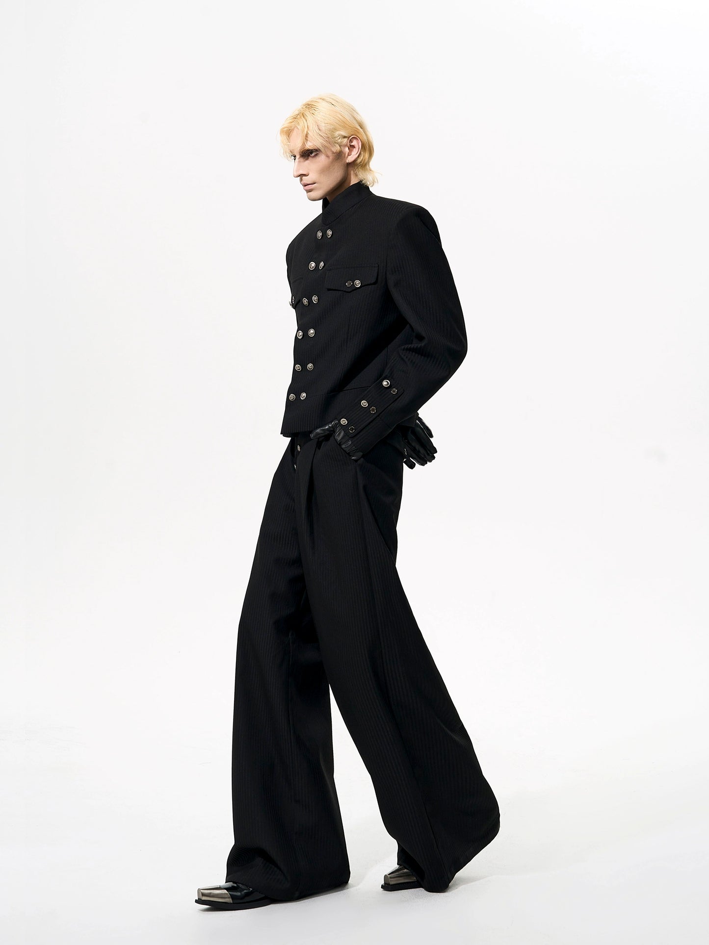 Striped Double-Breasted Standing-Collar Tailored Jacket & Straight Leg Trousers Setup WN21765
