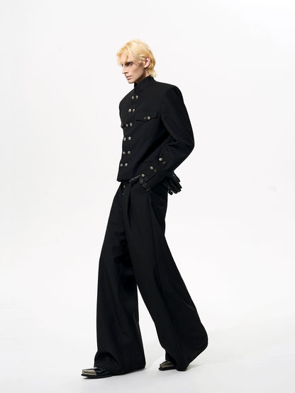 Striped Double-Breasted Standing-Collar Tailored Jacket & Straight Leg Trousers Setup WN21765