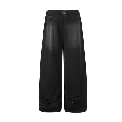 Washed Damage Drawstring Wide Leg Sweatpants WN25446