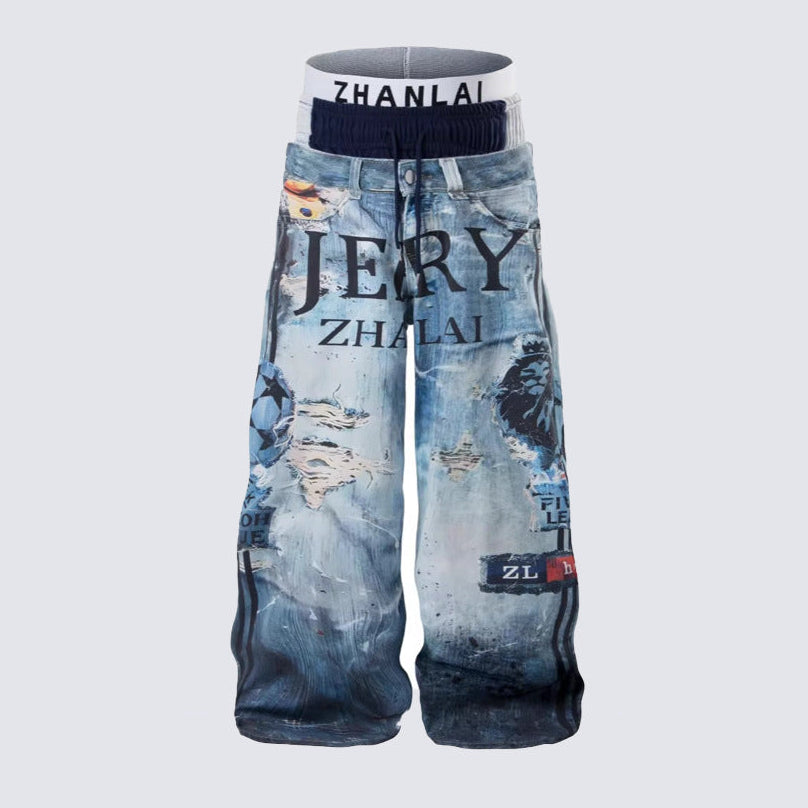 Acid Wash Fake Layered 3D Print Ripped Wide Leg Denim Jean WN27879