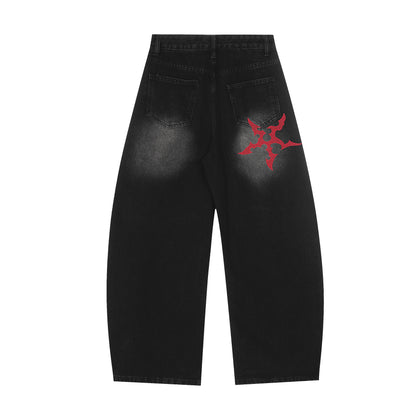 Washed Tribal Print Wide Leg Denim Jeans WN25507