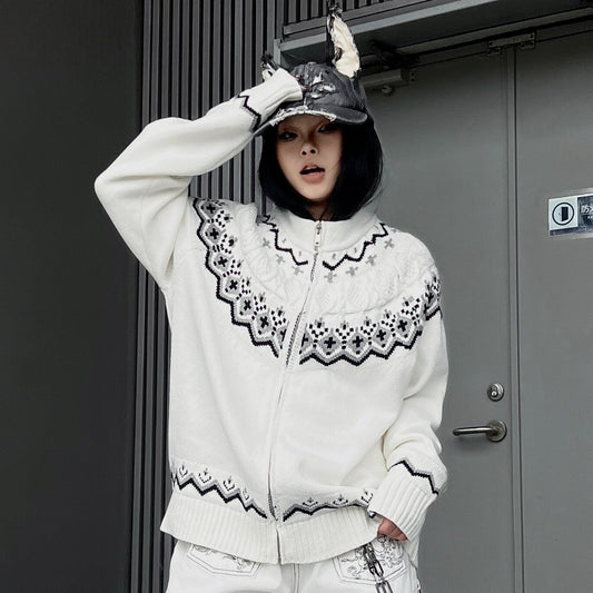 Nordic Pattern Zipper Knit Cardigan WN24151