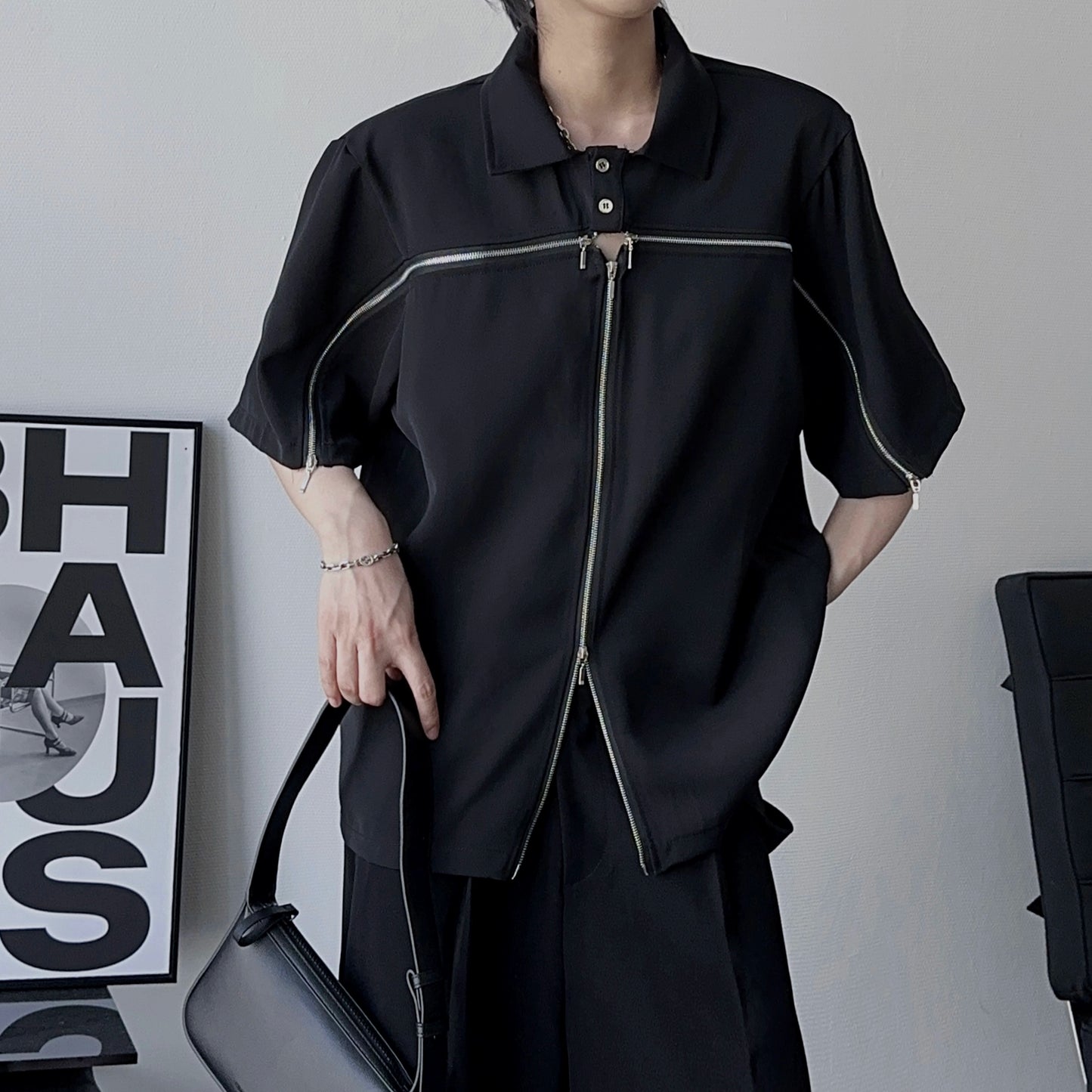 Zipper Design Oversize Short Sleeve Polo Shirt WN19338