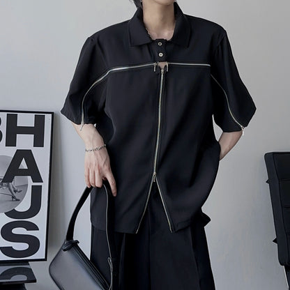 Zipper Design Oversize Short Sleeve Polo Shirt WN19338