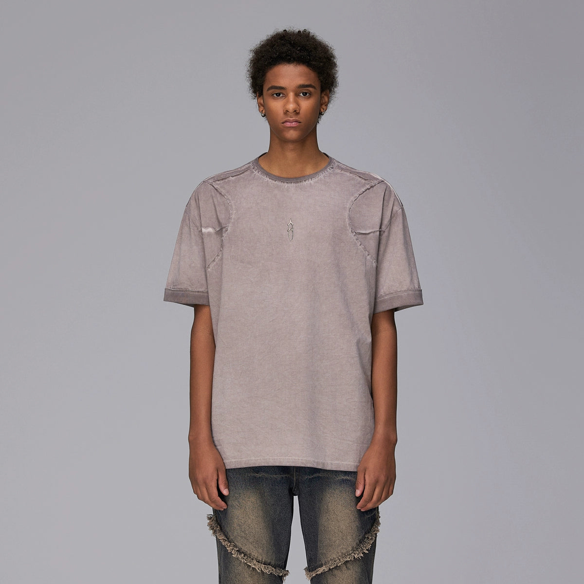 Raw Edge Panel Design Washed Oversize Short Sleeve T-Shirt WN17797