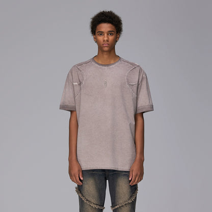 Raw Edge Panel Design Washed Oversize Short Sleeve T-Shirt WN17797