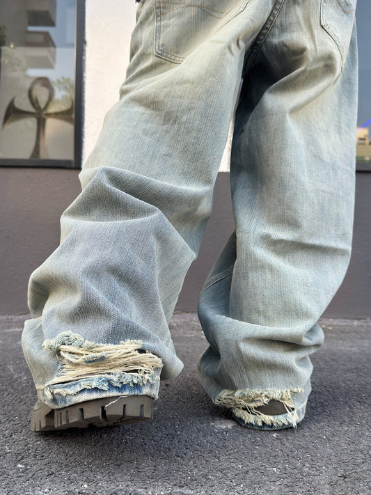 Fake Layered Double Waist Patchwork Wide Leg Denim Jeans WN23019