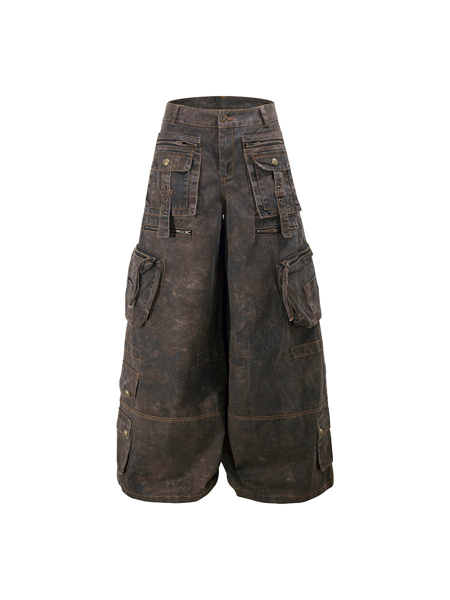 Washed Multi Pocket Wide Leg Cargo Pants WN24152