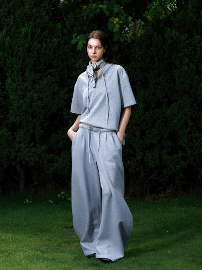 Houndstooth V-Neck Short Sleeve T-Shirt & Double Waistband Curved Hem Pants Setup WN18366