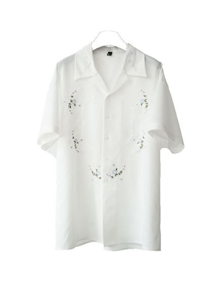 Floral Embroidery Open Collar Short Sleeve Shirt WN23614