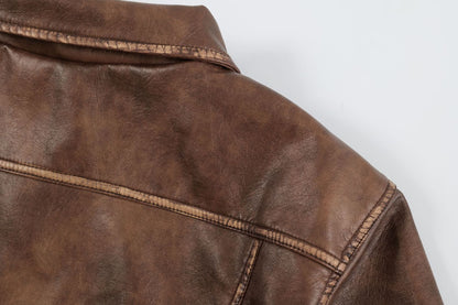 Washed Short PU Leather Zipper Jacket WN11267