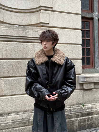 Fake Fur Collar Zip-Up PU Leather Jacket WN23146