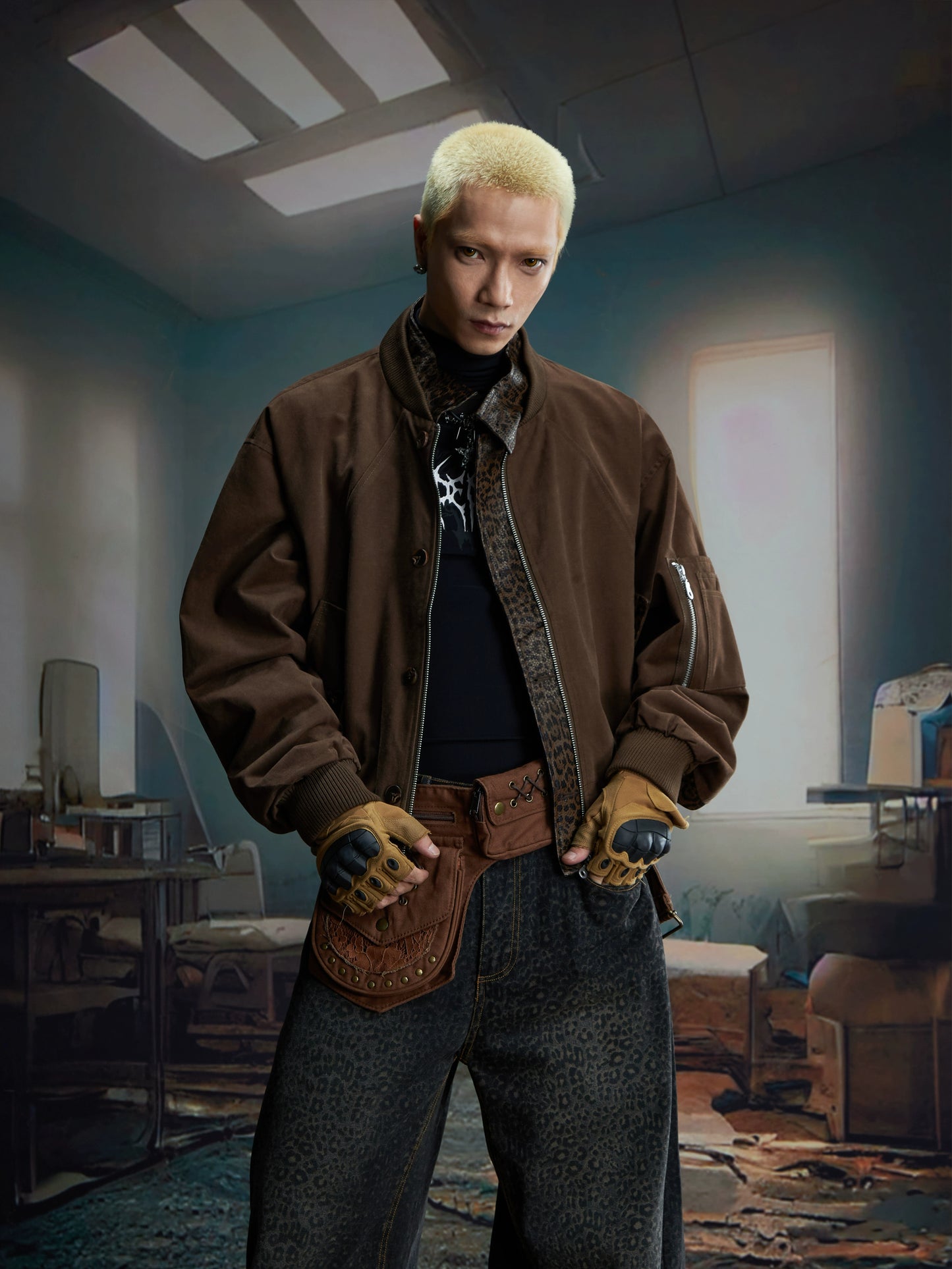 Leopard PU Fake Layered Zipper Jacket WN20816