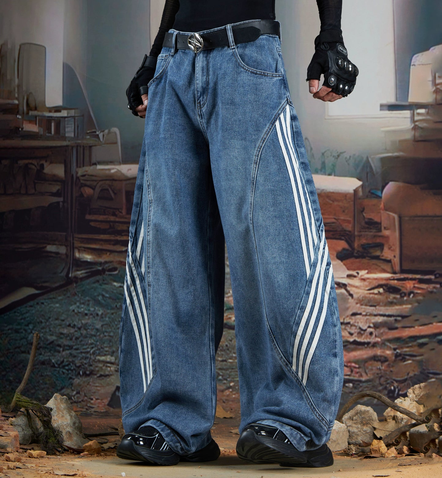 Stripe Deconstruction Patchwork Wide Leg Denim Jeans WN21365