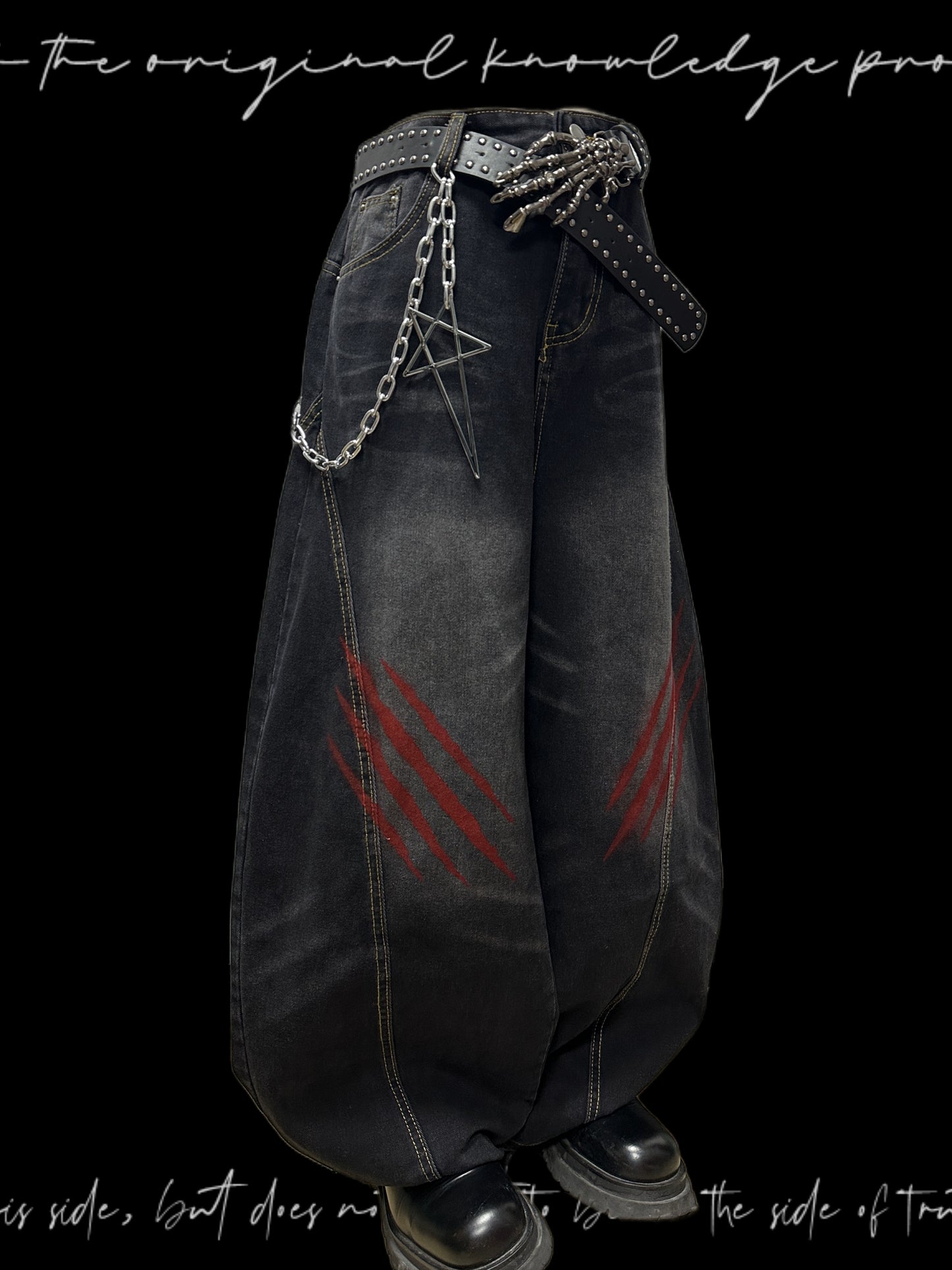 Washed Whisker Scratch Wide Leg Denim Jeans & Belt & Chain WN20117