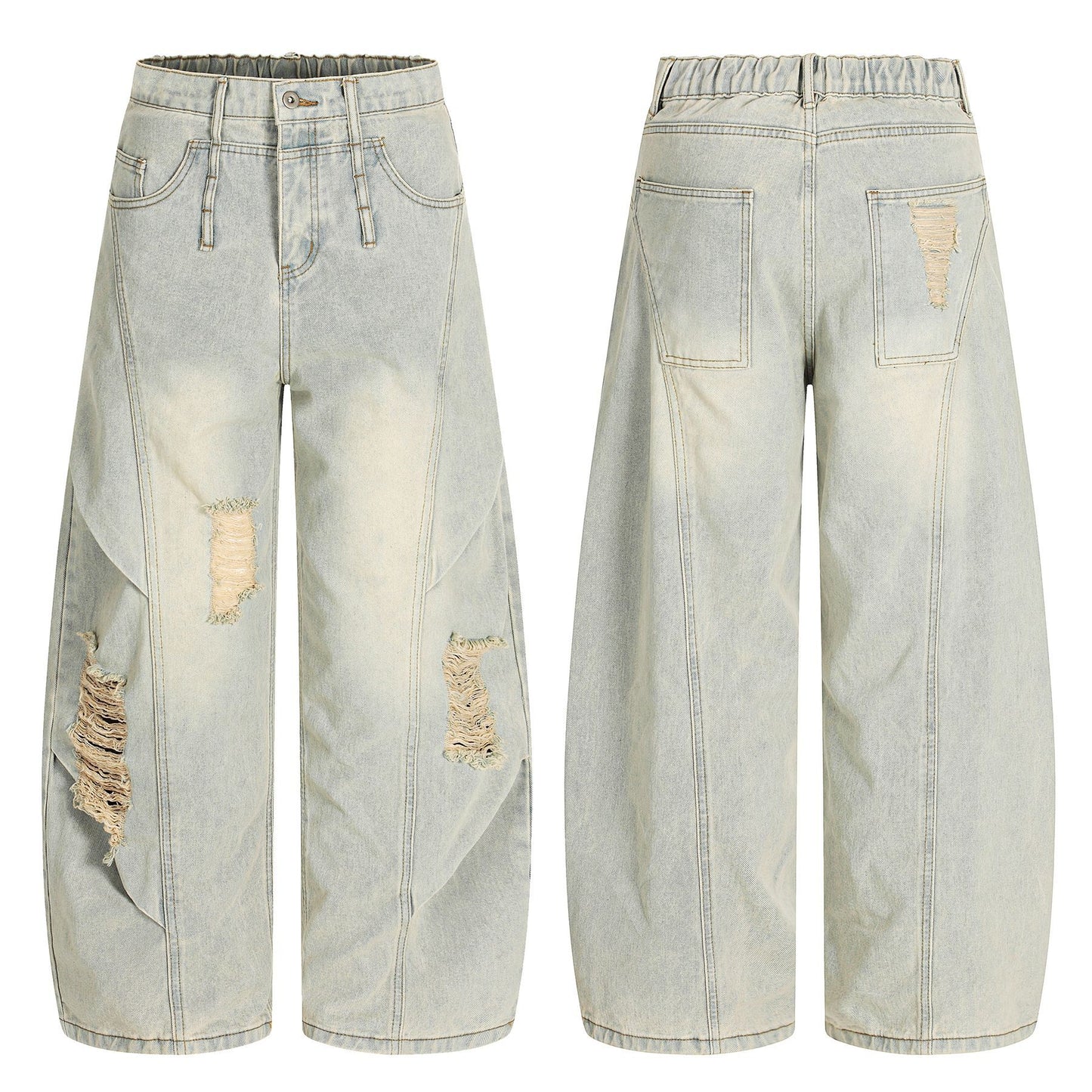 Washed Damage Curved Wide Leg Denim Jeans WN25912