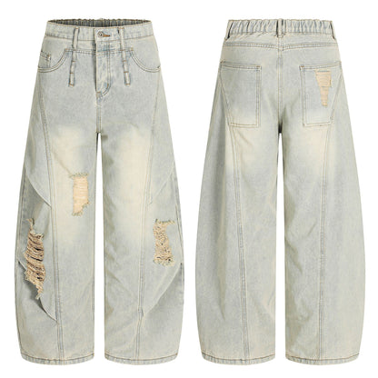 Washed Damage Curved Wide Leg Denim Jeans WN25912