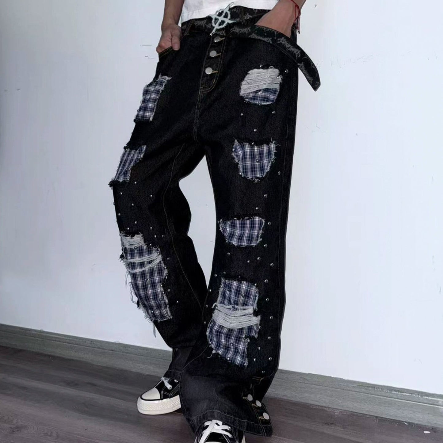 Hole Plaid Studs Flare Denim Jeans WN20909