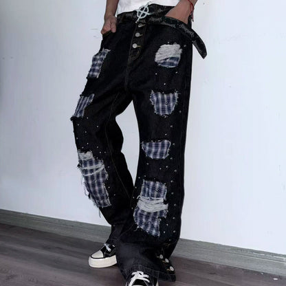 Hole Plaid Studs Flare Denim Jeans WN20909