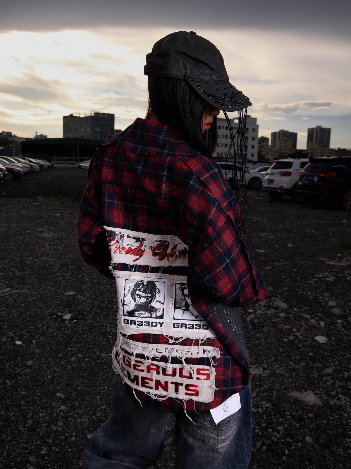 Plaid Patchwork Star Graffiti Oversize Long Sleeve Shirt WN27094