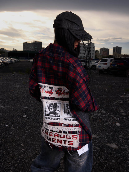 Plaid Patchwork Star Graffiti Oversize Long Sleeve Shirt WN27094