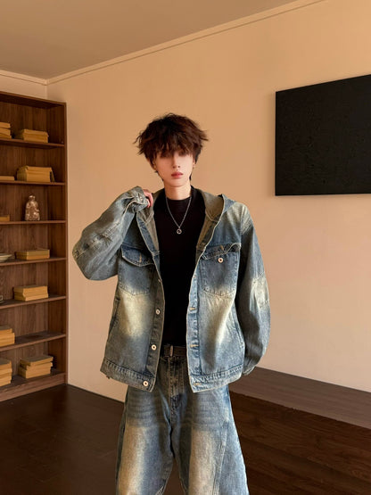 Washed Deconstructed Hooded Jacket & Curved Denim Jeans Setup WN23149
