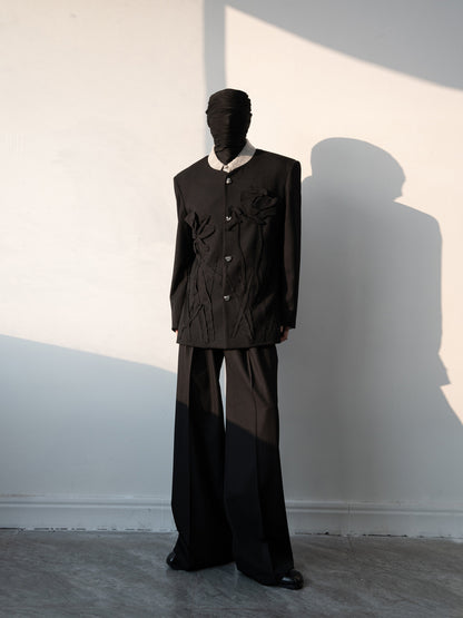 3D Floral Applique Collarless Jacket & Wide-Leg Trousers Setup WN23642