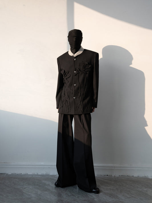 3D Floral Applique Collarless Jacket & Wide-Leg Trousers Setup WN23642