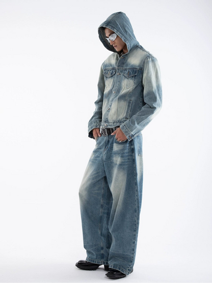 Washed Hooded Denim Jacket & Wide Leg Denim Jeans Setup WN20652