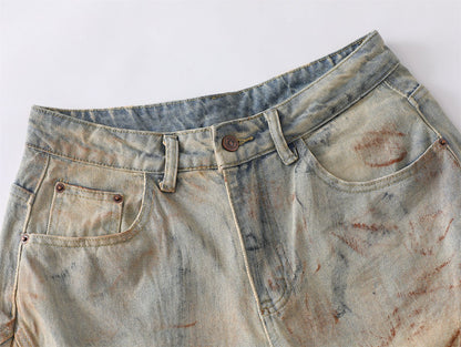 Washed Mud Dye Dirty Wide-Leg Denim Jeans WN15083