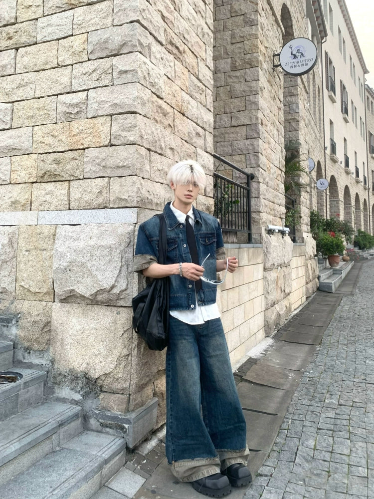 Patchwork Denim Short Sleeve Jacket & Wide Leg Denim Jeans Setup WN19803
