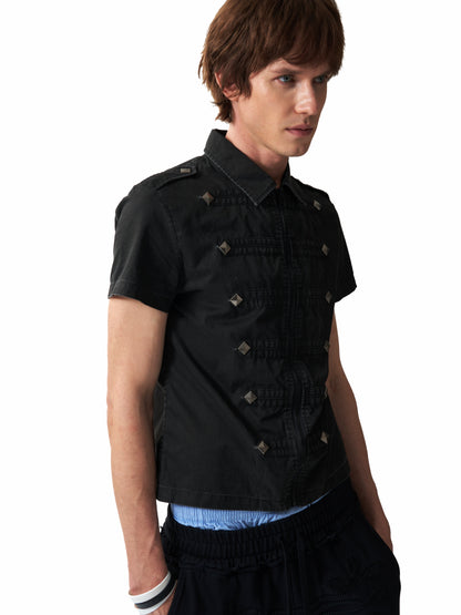 Metal Studs Zipper Short Sleeve Shirt WN27184