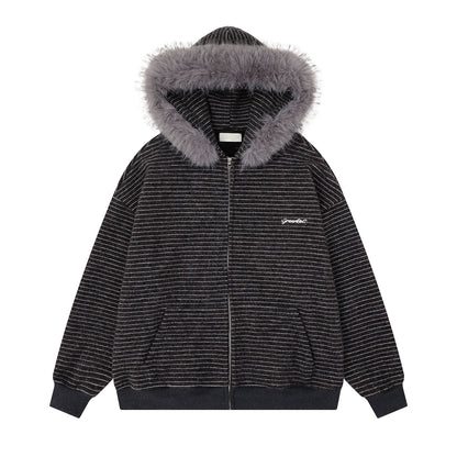 Detachable Fake Fur-Collar Zipper Hooded Jacket WN22120