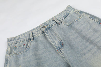 Washed Paint Studs Detail Wide Leg Denim Jeans WN25418