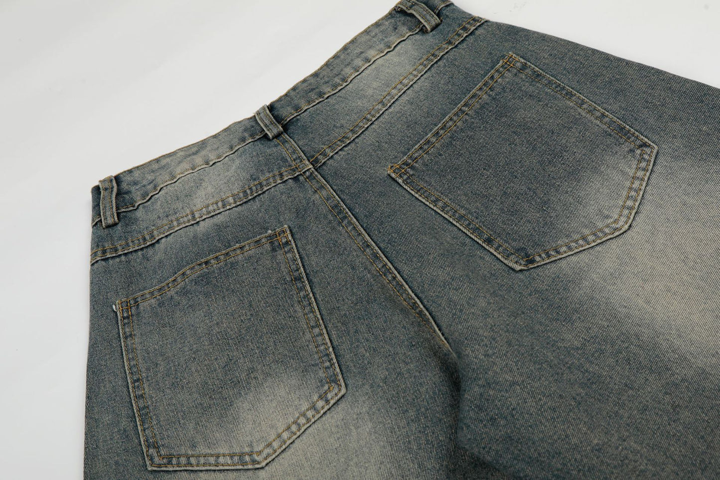 Washed Whisker Cross Studs Wide Leg Denim Jeans WN25798