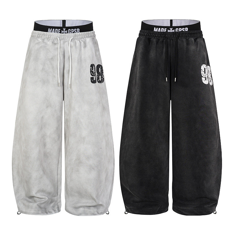 Washed Double Waist Print Wide Leg Sweatpants WN27834