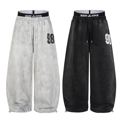 Washed Double Waist Print Wide Leg Sweatpants WN27834
