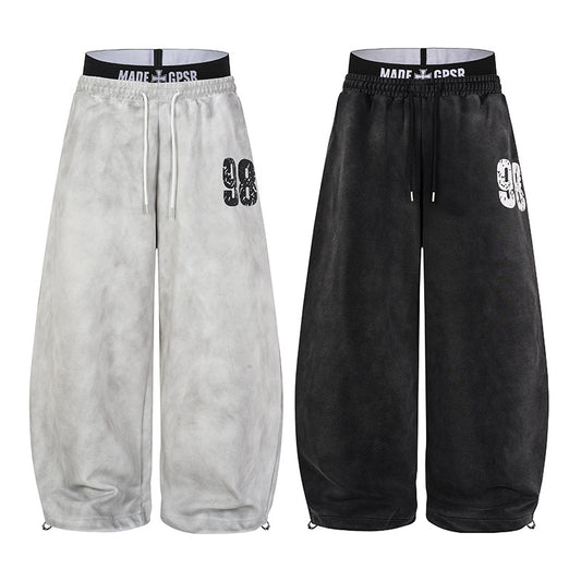 Washed Double Waist Print Wide Leg Sweatpants WN27834