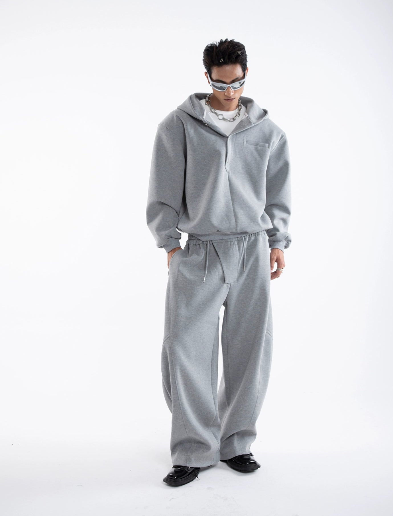 Multi-Button Zipper Hoodie & Wide Leg Sweatpants Setup WN20645