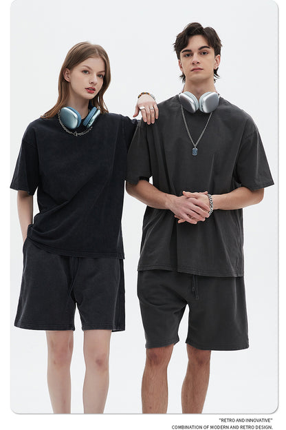 Washed Dyed Oversize Damage Short-sleeve T-shirt & Short Sweatpants Setup WN6630