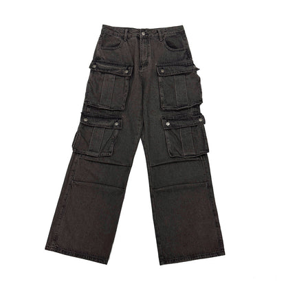 Wash Damage Multi Pocket Straight Cargo Denim Jeans WN24360