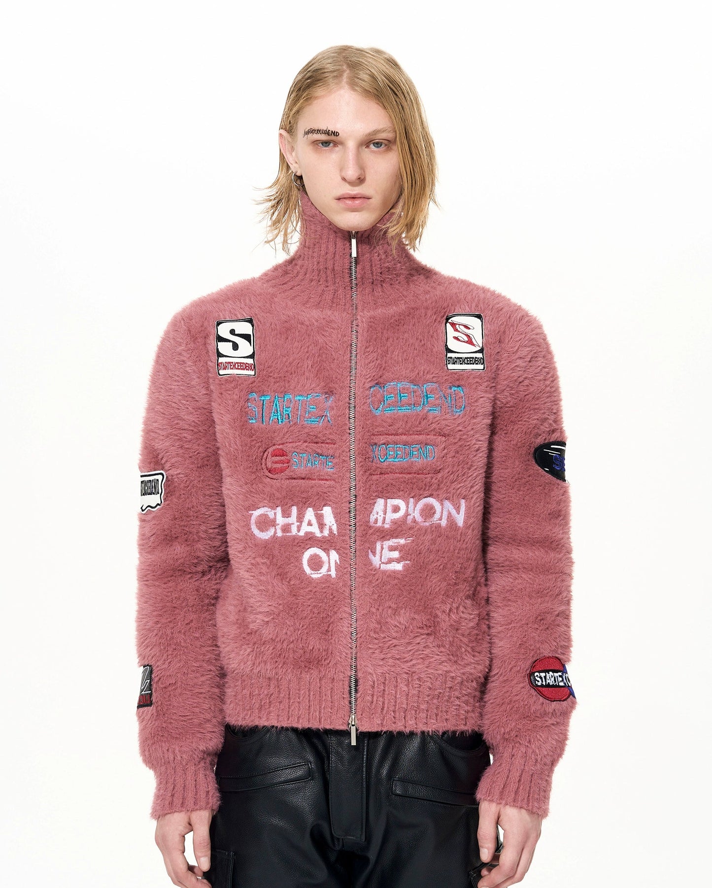 Letter Embroidery Print High-Neck Zipper Knit Cardigan WN22649