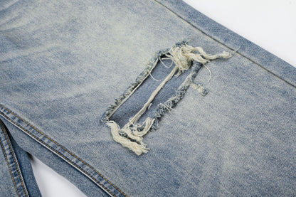Washed Damage Whisker Wide Leg Denim Jeans WN26019
