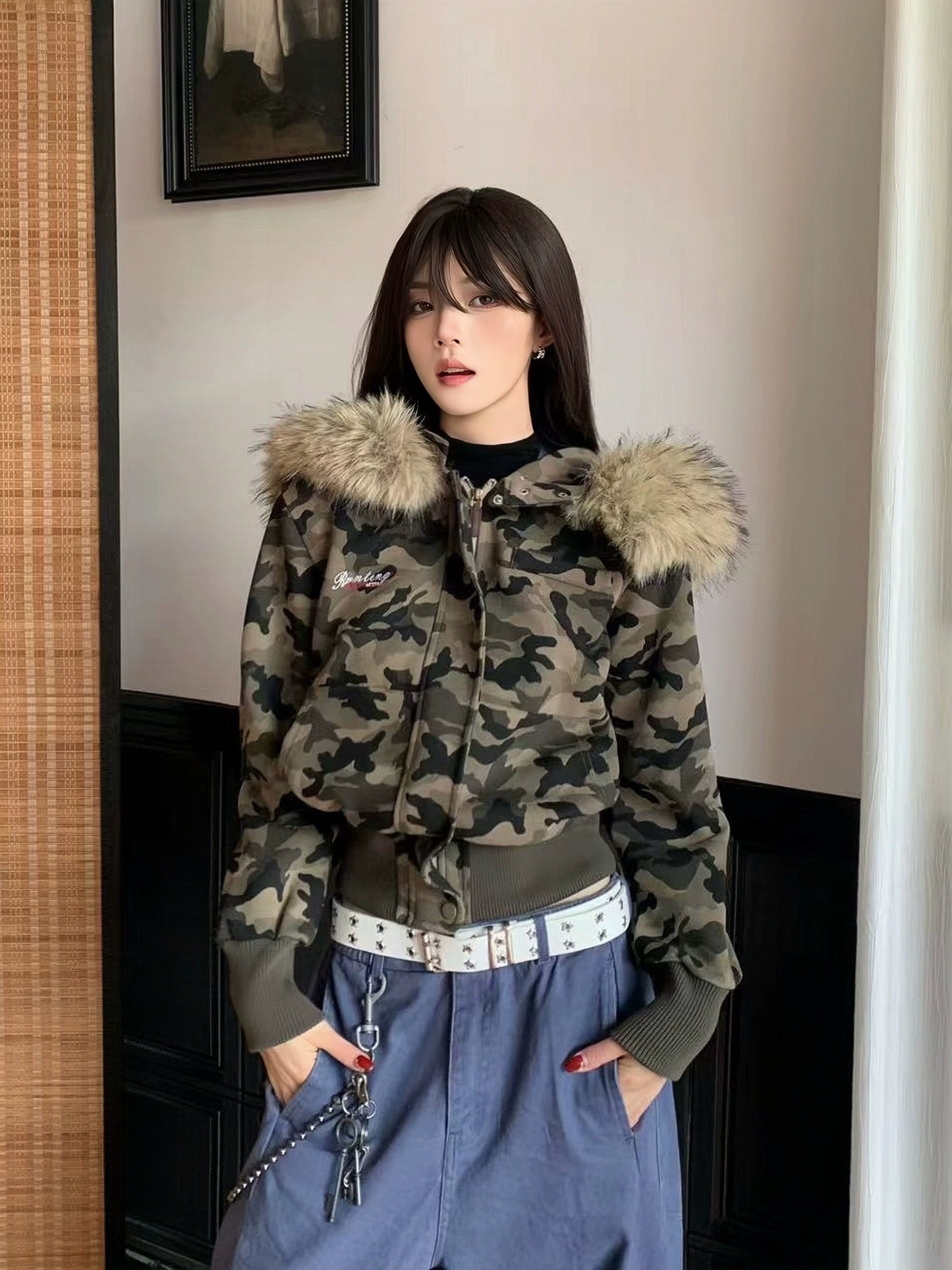 Camouflage Detachable Fake Fur-Collar Hooded Short Jacket WN22171