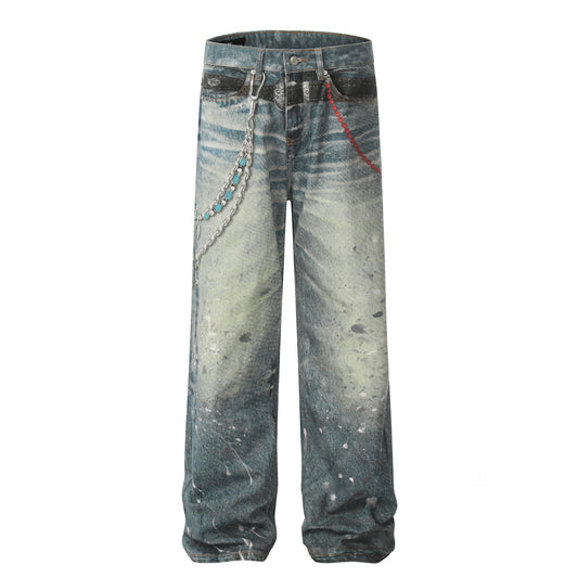 Washed Damage Wide Leg Straight Denim Jeans WN25896