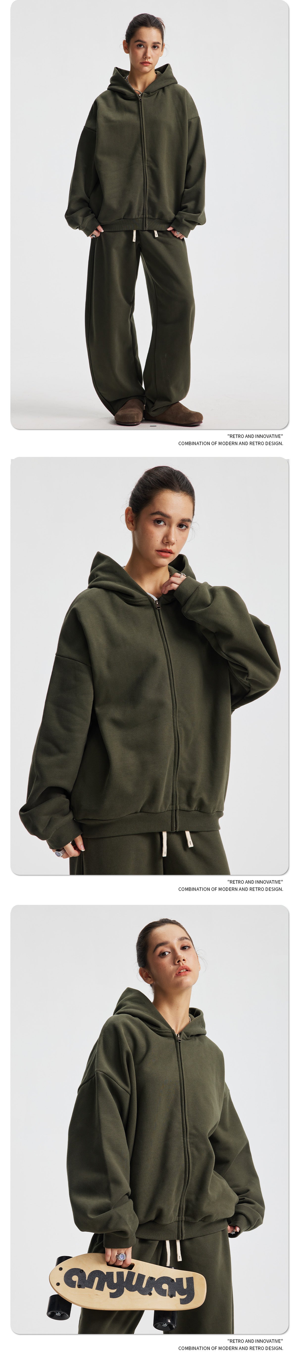 Fleece Lining Side Pocket Zipper Hoodie & Fleece Lining Wide Leg Sweatpants Setup WN23114