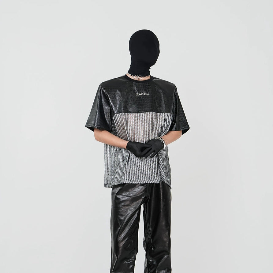 PU Leather Splice Cutout Short Sleeve T-Shirt WN17371