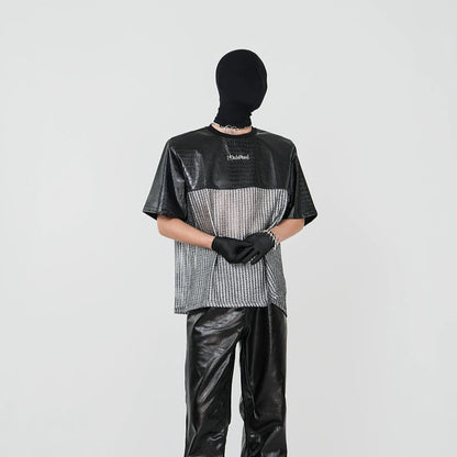 PU Leather Splice Cutout Short Sleeve T-Shirt WN17371