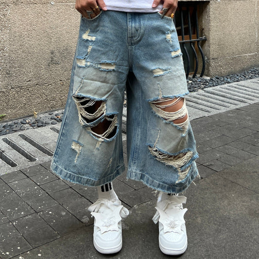 Damage Washed Wide Leg Denim Half Jeans WN24113