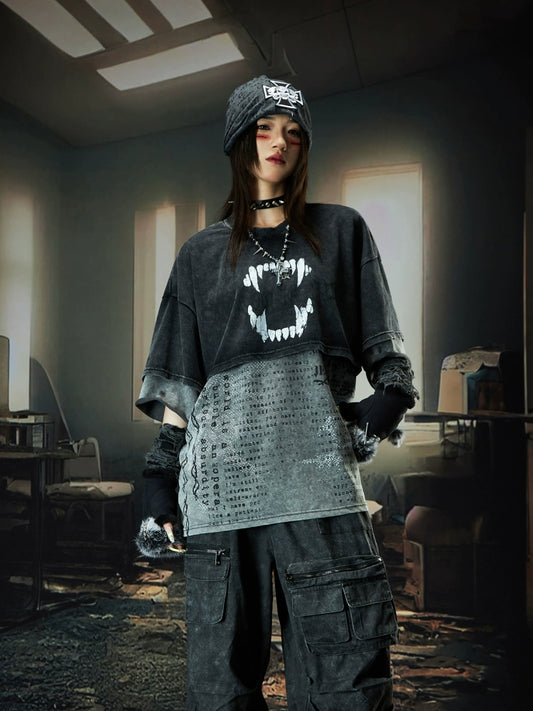 Double Layer Washed Letter Print Oversize Short Sleeve T-Shirt WN18457